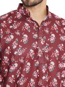 Men's Floral Print Linen Kurta Pyjama Set in Maroon for Men [MSKP168]