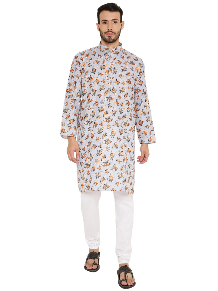 Floral Print Linen Kurta in light grey with orange floral motifs, styled with white churidar pants for traditional elegance.