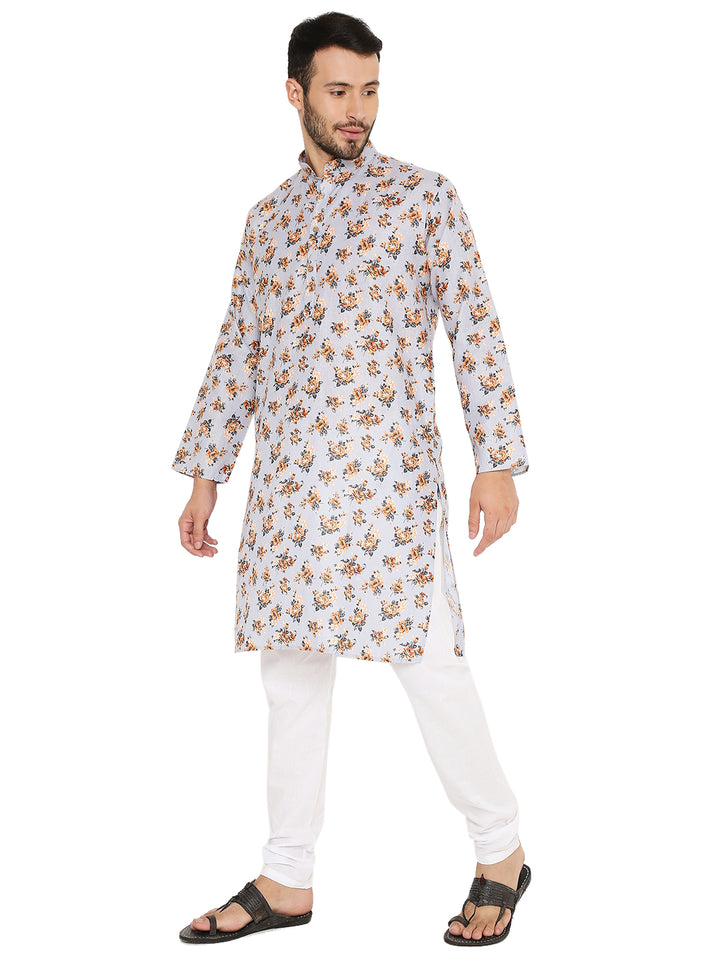 Light grey floral linen kurta set featuring full sleeves and side slits, ideal for festive and casual ethnic wear.