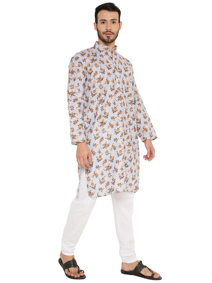 Versatile comfort in a light grey floral print linen kurta, paired with white bottoms, perfect for day-to-evening occasions.