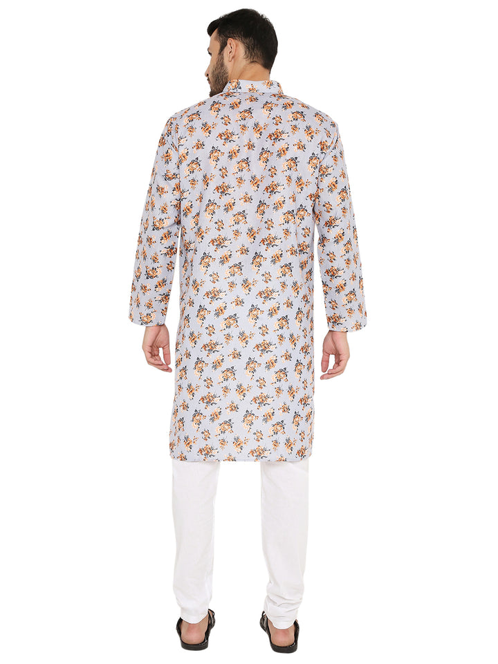 Back view of light grey floral print linen kurta showcasing straight hem and relaxed fit for traditional comfort.
