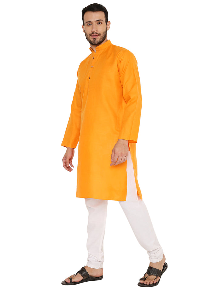 Side view of Magic Cotton Kurta in orange, showcasing its easy-care fabric and adjustable fit for everyday and festive occasions.
