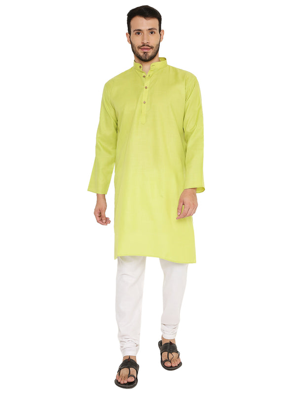 Green Cotton Maharaja Kurta with magic fit, featuring a mandarin collar and wooden buttons, paired with white churidar for traditional wear.