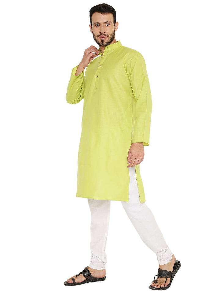 Versatile Green Cotton Maharaja Kurta Set styled with a side slit and relaxed fit, ideal for festive and casual occasions.