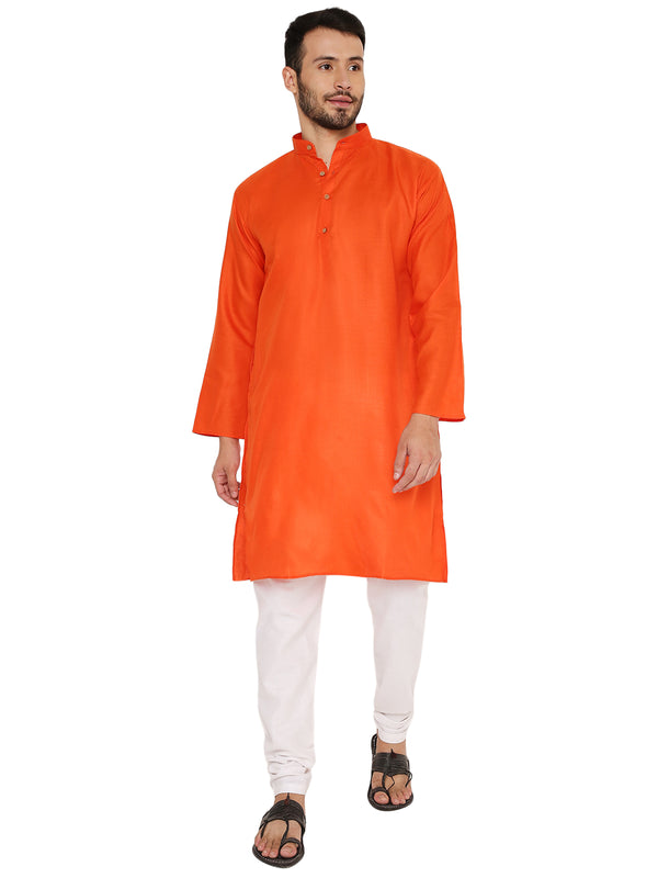 Magic Cotton Kurta in Dark Orange with a straight fit and mandarin collar, paired with white churidar, ideal for traditional occasions.