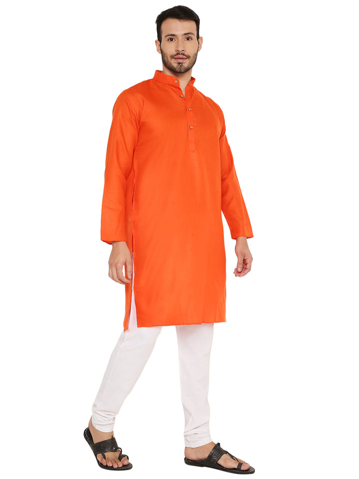 Front-facing Magic Cotton Kurta in Dark Orange featuring button placket and long sleeves, designed for comfort and versatility.