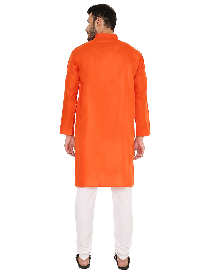 Back view of Magic Cotton Kurta - Dark Orange highlighting its smooth finish and straight hem, suitable for ceremonial attire.