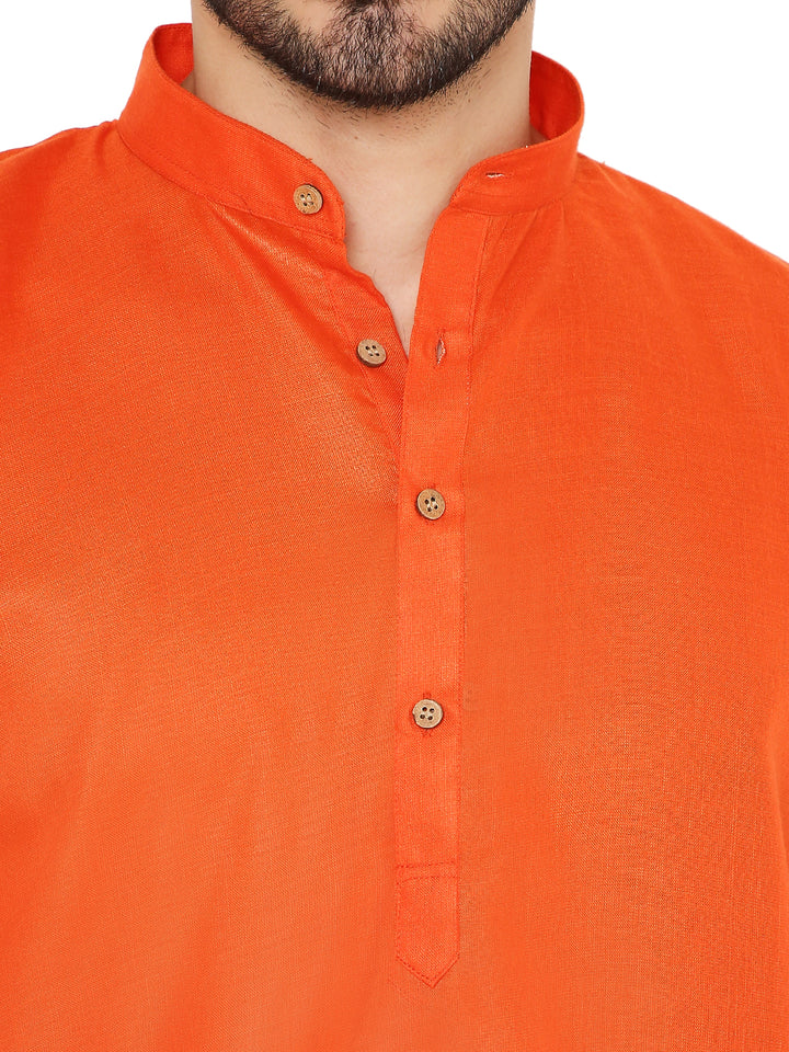 Close-up of Magic Cotton Kurta - Dark Orange displaying wooden buttons and mandarin collar, emphasizing its fine detailing and craftsmanship.