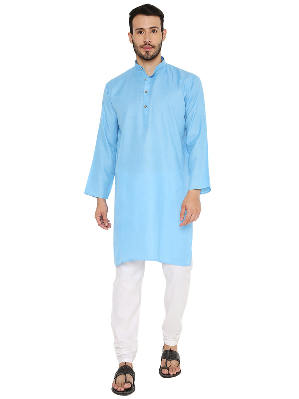 Blue Maharaja Cotton Kurta with comfortable fit and wooden buttons, paired with white churidar for traditional wear.