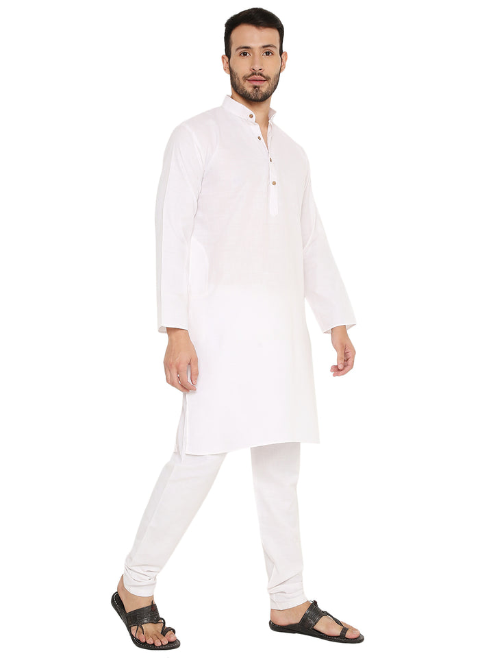 Magic Cotton Kurta Set in White featuring a classic design with wooden buttons and a straight hem, perfect for festive or casual occasions.