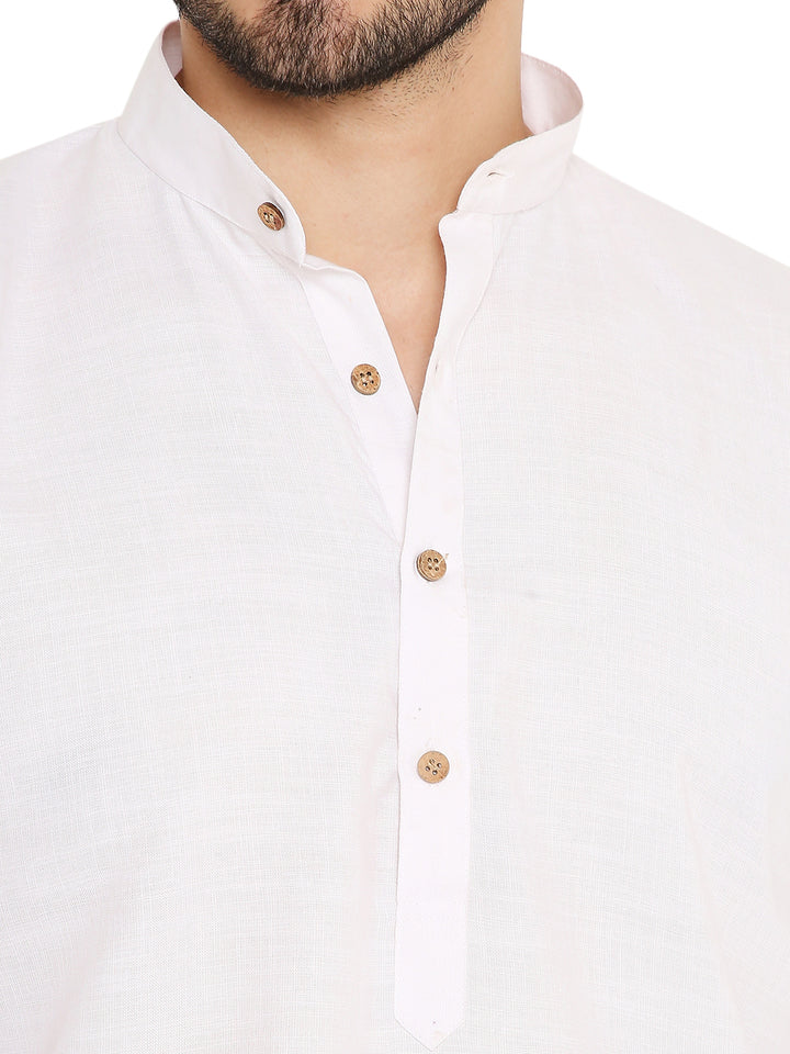 Close-up of Magic Cotton Kurta in White showing wooden button placket and mandarin collar, crafted for style and easy care.