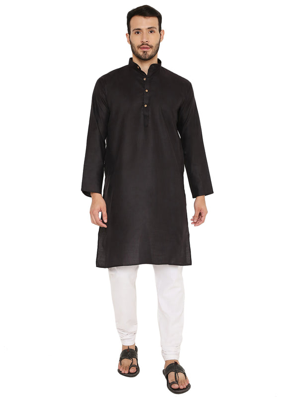 Magic Cotton Kurta in Black with a comfortable fit, featuring a mandarin collar and wooden buttons, paired with white churidar pants.