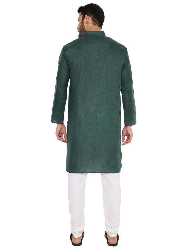 Back view of the green Magic Cotton Kurta showcasing its straight hem and long sleeves, designed for a clean traditional finish.