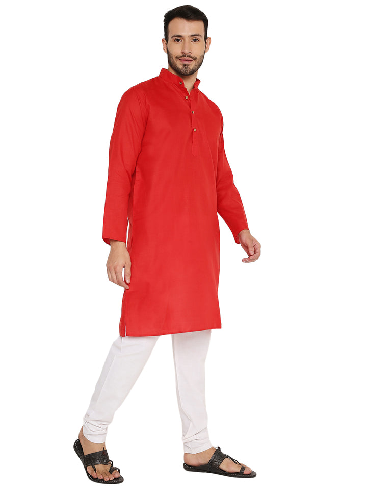 Angled front view of Magic Kurta Red - Comfortable Fit | Versatile Design, highlighting its tailored fit and vibrant red color for ceremonial occasions.