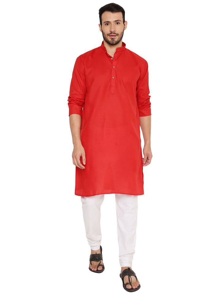 Magic Kurta Red - Comfortable Fit | Versatile Design with rolled sleeves, paired with white pyjama for a relaxed yet stylish traditional outfit.