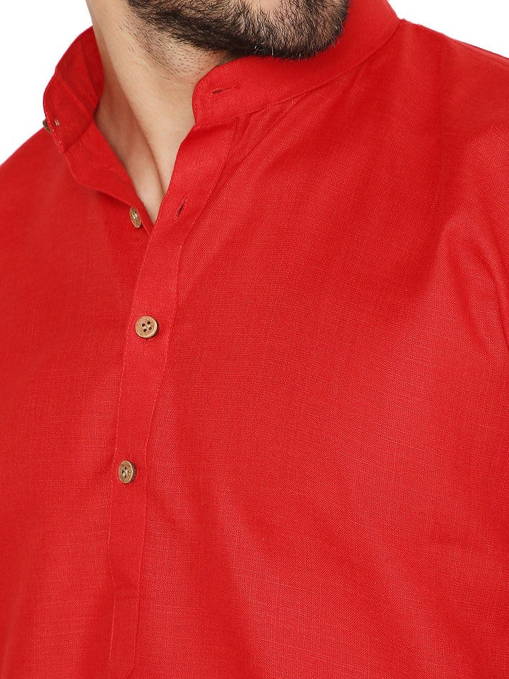 Close-up of Magic Kurta Red - Comfortable Fit | Versatile Design, showing wooden buttons and mandarin collar on soft cotton fabric for refined detailing.