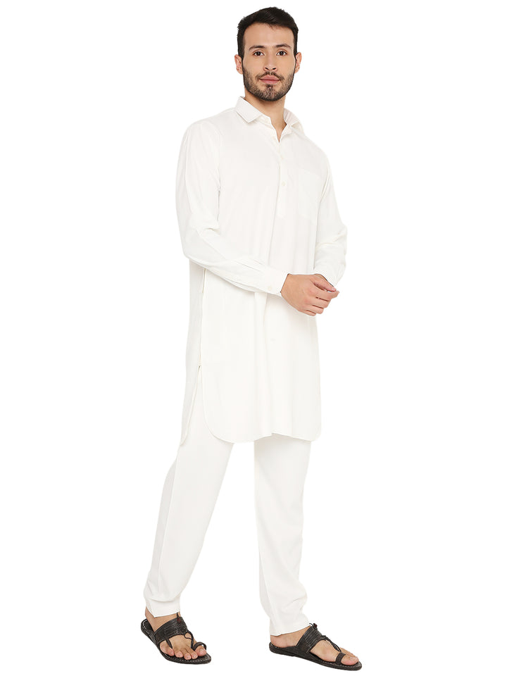 Comfortable wrinkle-free Pathani kurta set in off-white poly blend with long sleeves and relaxed fit, suitable for all-day wear.