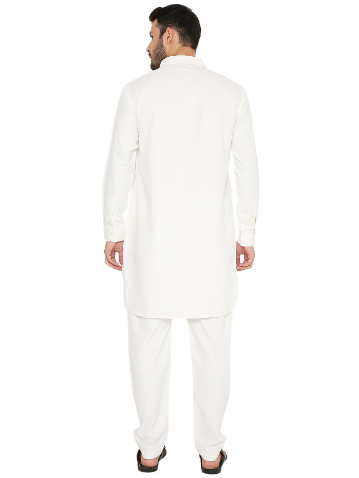 Back view of off-white wrinkle-free Pathani set in poly blend, showcasing the clean silhouette and traditional design.
