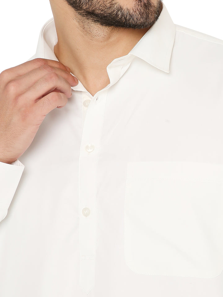 Close-up of wrinkle-free Pathani kurta collar and chest pocket in off-white poly blend, highlighting fine stitching and button details.