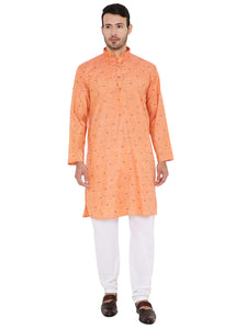 Linen Blend Kurta Pyjama Set in Dark Orange for Men [MSKP180]