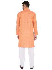 Linen Blend Kurta Pyjama Set in Dark Orange for Men [MSKP180]