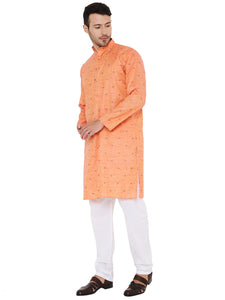 Linen Blend Kurta Pyjama Set in Dark Orange for Men [MSKP180]