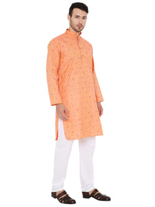 Linen Blend Kurta Pyjama Set in Dark Orange for Men [MSKP180]