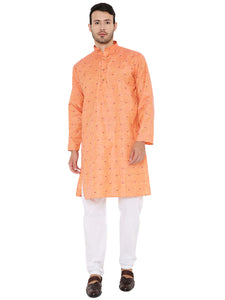 Linen Blend Kurta Pyjama Set in Dark Orange for Men [MSKP180]