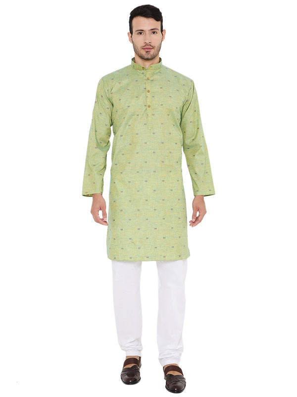 Green linen blend kurta set for men with mandarin collar and wooden buttons, ideal for summer comfort and traditional wear.