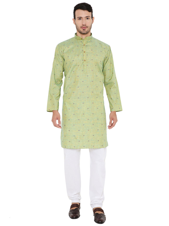 Green linen blend kurta set for men with mandarin collar and wooden buttons, ideal for summer comfort and traditional wear.