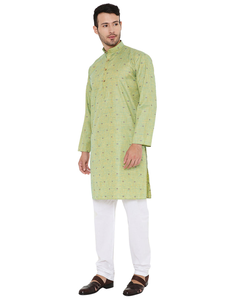 Side angle of green linen kurta with subtle square print, perfect for casual and ceremonial summer occasions.