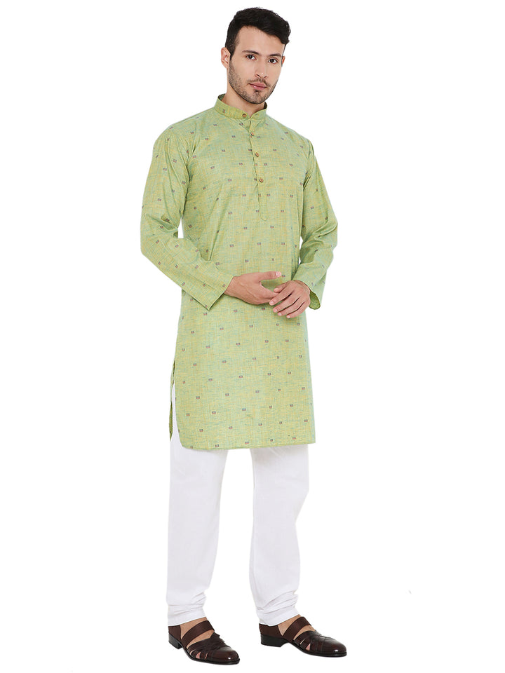 Green linen kurta set with full sleeves and straight hem, designed for breathable comfort and easy movement.