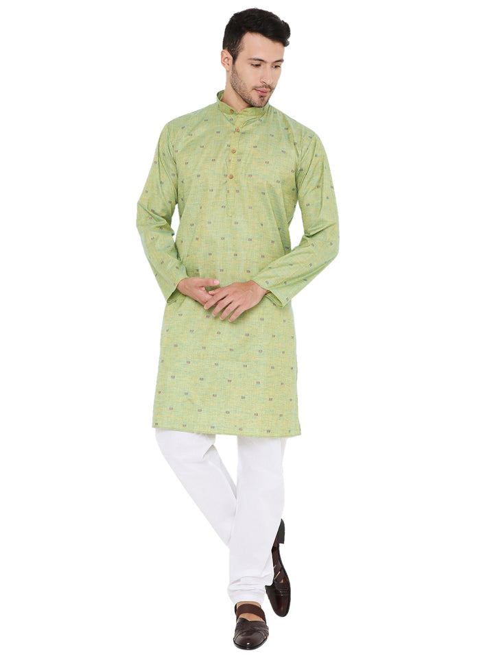 Full front view of green linen kurta paired with white pants, ideal for summer events and traditional gatherings.