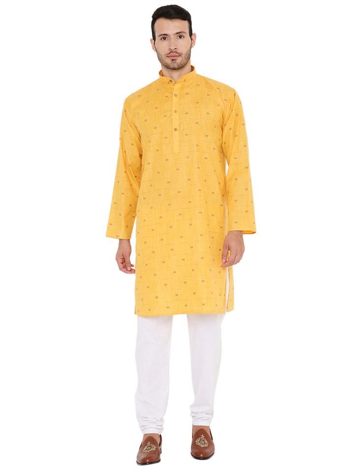 Linen Blend Kurta - Yellow by Maharaja features a straight-cut design with full sleeves and mandarin collar, ideal for festive and casual wear.