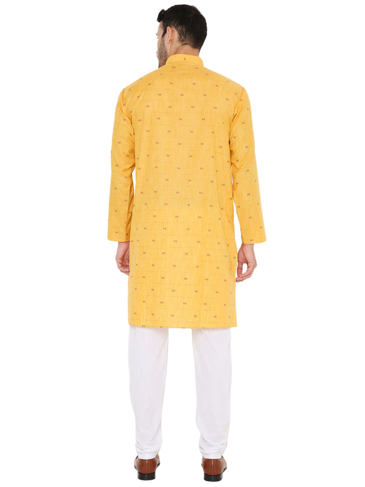 Back view of Maharaja's Yellow Linen Blend Kurta showcasing its breathable fabric and relaxed fit, perfect for traditional occasions.