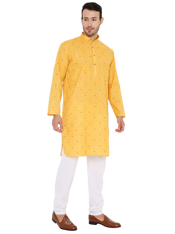 Maharaja's Yellow Linen Blend Kurta with button placket and subtle woven pattern, a versatile choice for ethnic and semi-formal gatherings.