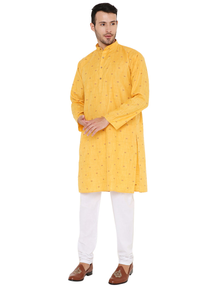 Elegant Yellow Linen Blend Kurta by Maharaja paired with white churidar, offering a vibrant yet classic look for traditional celebrations.