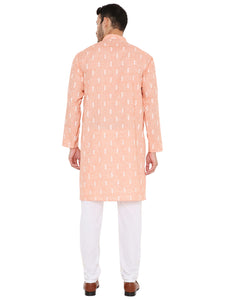 Linen Blend Kurta Pyjama Set in Orange for Men [MSKP183]