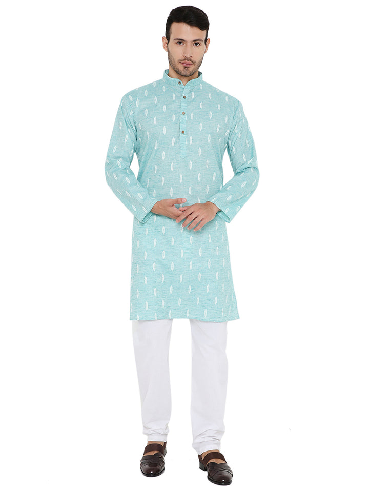 Linen Blend Blue Kurta - Summer Comfort with white patterns, paired with white churidar, ideal for traditional wear and breathable summer style.