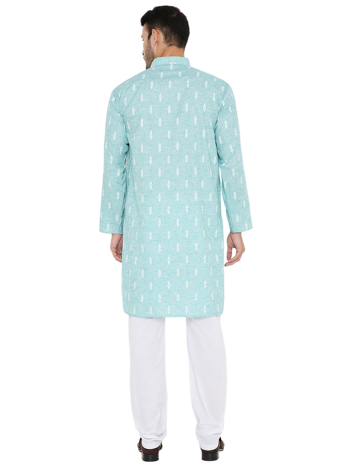 Back view of Linen Blend Blue Kurta - Summer Comfort, showcasing lightweight fabric and straight hem, perfect for ceremonial and casual occasions.