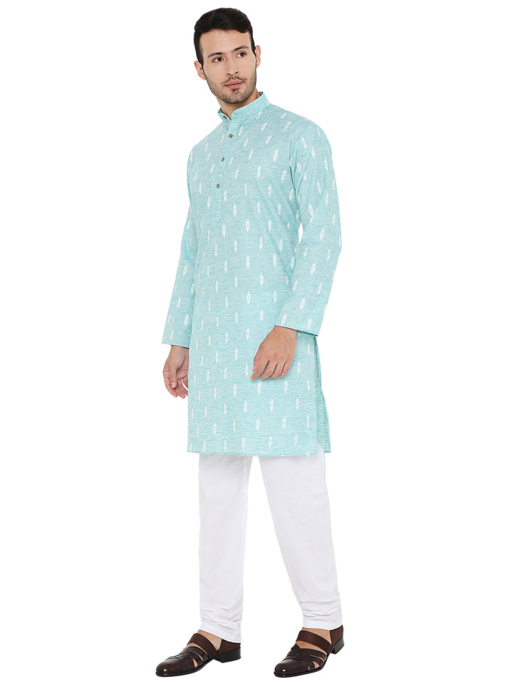 Side angle of Linen Blend Blue Kurta - Summer Comfort, featuring mandarin collar and relaxed fit, great for festive and everyday ethnic wear.