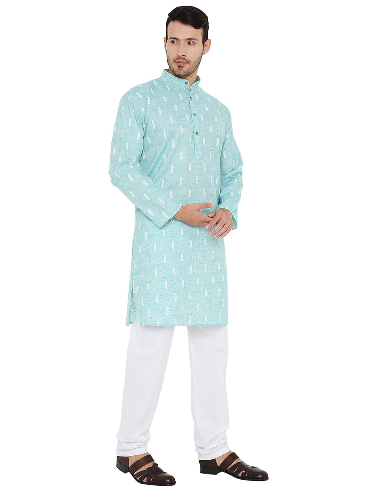 Linen Blend Blue Kurta - Summer Comfort with button placket and long sleeves, styled for breathable elegance in traditional clothing.