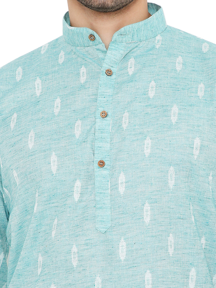 Close-up of Linen Blend Blue Kurta - Summer Comfort, highlighting wooden buttons and textured fabric, easy care and stylish for summer.