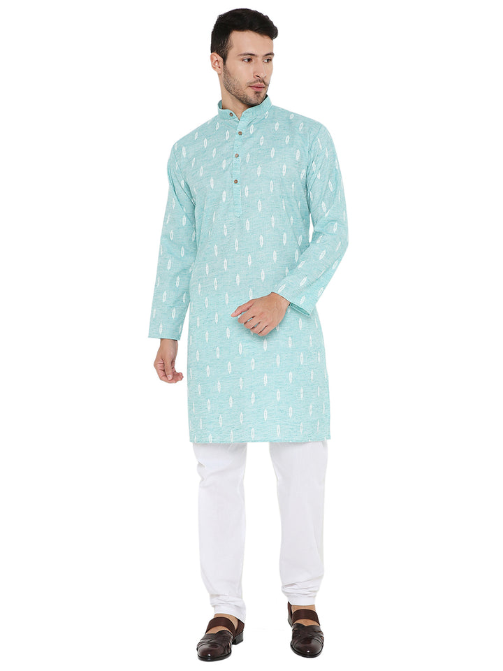 Linen Blend Blue Kurta - Summer Comfort in full front view, paired with white churidar, perfect for traditional events and daily ethnic fashion.