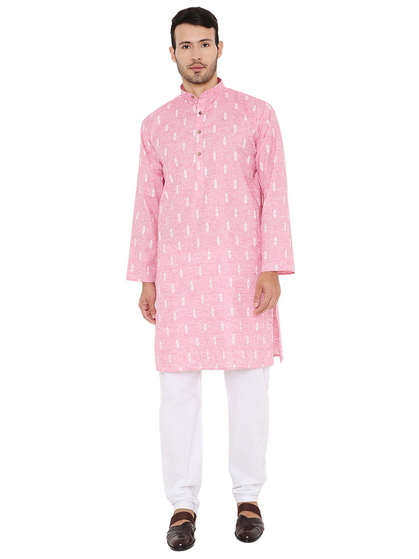 Pink Linen Blend Kurta - Summer Wear | Lightweight, Versatile kurta set with white pants, ideal for traditional and casual summer occasions.