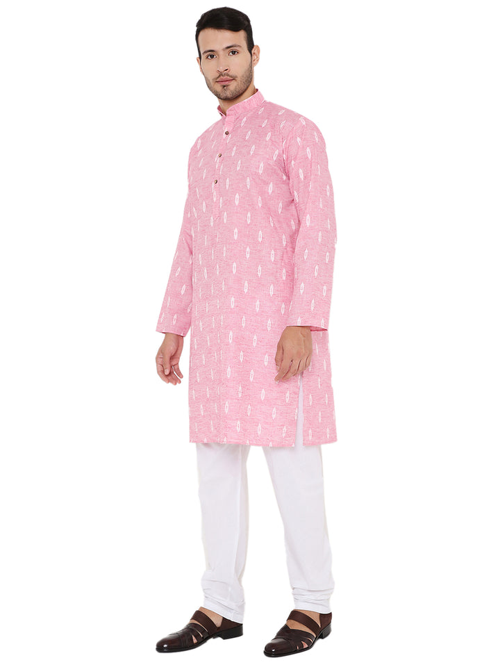 Side angle of Pink Linen Blend Kurta - Summer Wear | Lightweight, Versatile, styled with white trousers for a refined ethnic look.