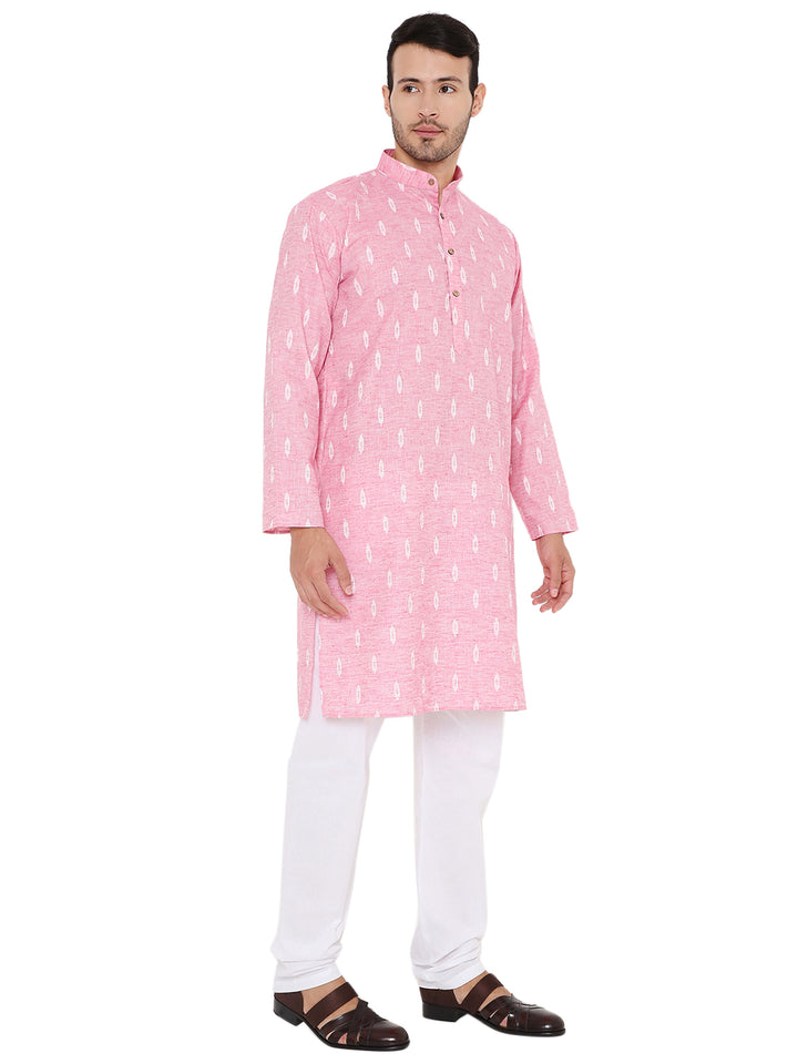 Three-quarter view of Pink Linen Blend Kurta - Summer Wear | Lightweight, Versatile, highlighting its relaxed fit and stylish collar.