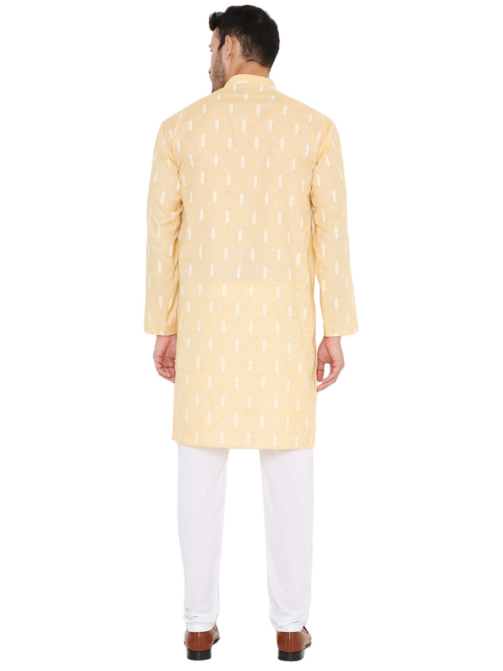 Back view of yellow linen kurta set showing full-length sleeves and straight hem, designed for breathable comfort and easy care.