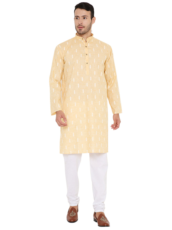 Full front view of yellow linen kurta set with white churidar, featuring vibrant color and lightweight fabric for hot weather wear.
