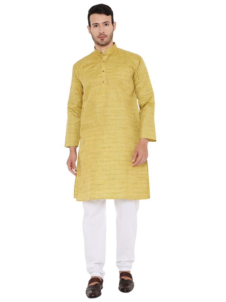 Green Silk Kurta - Raw Silk for Festivals with band collar and full sleeves, styled with white churidar pants for traditional events.
